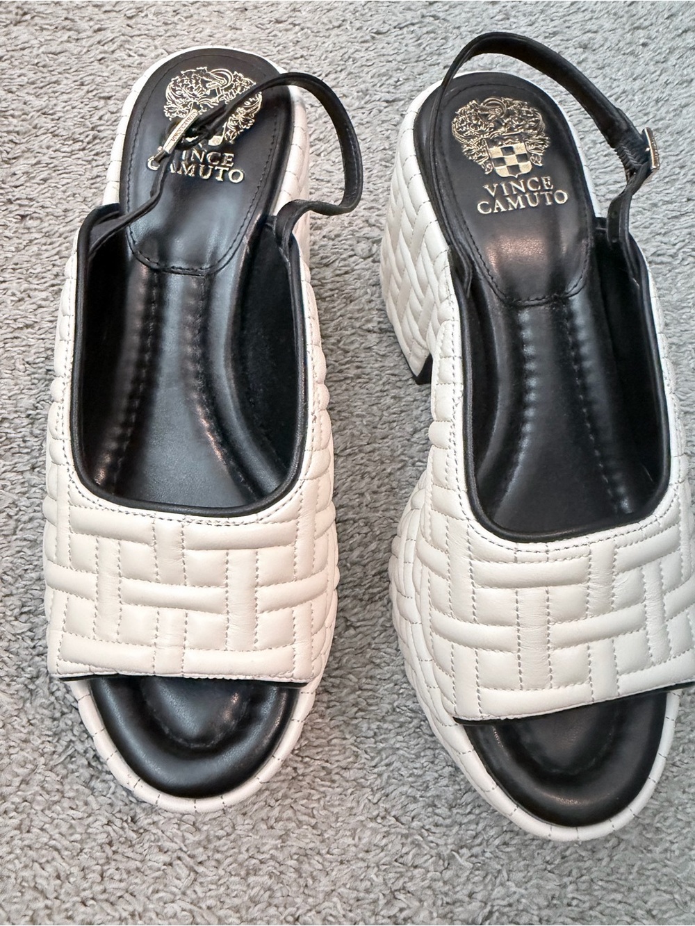 Vince Camuto Cream Quilted Slingback Sandals with Black Footbed